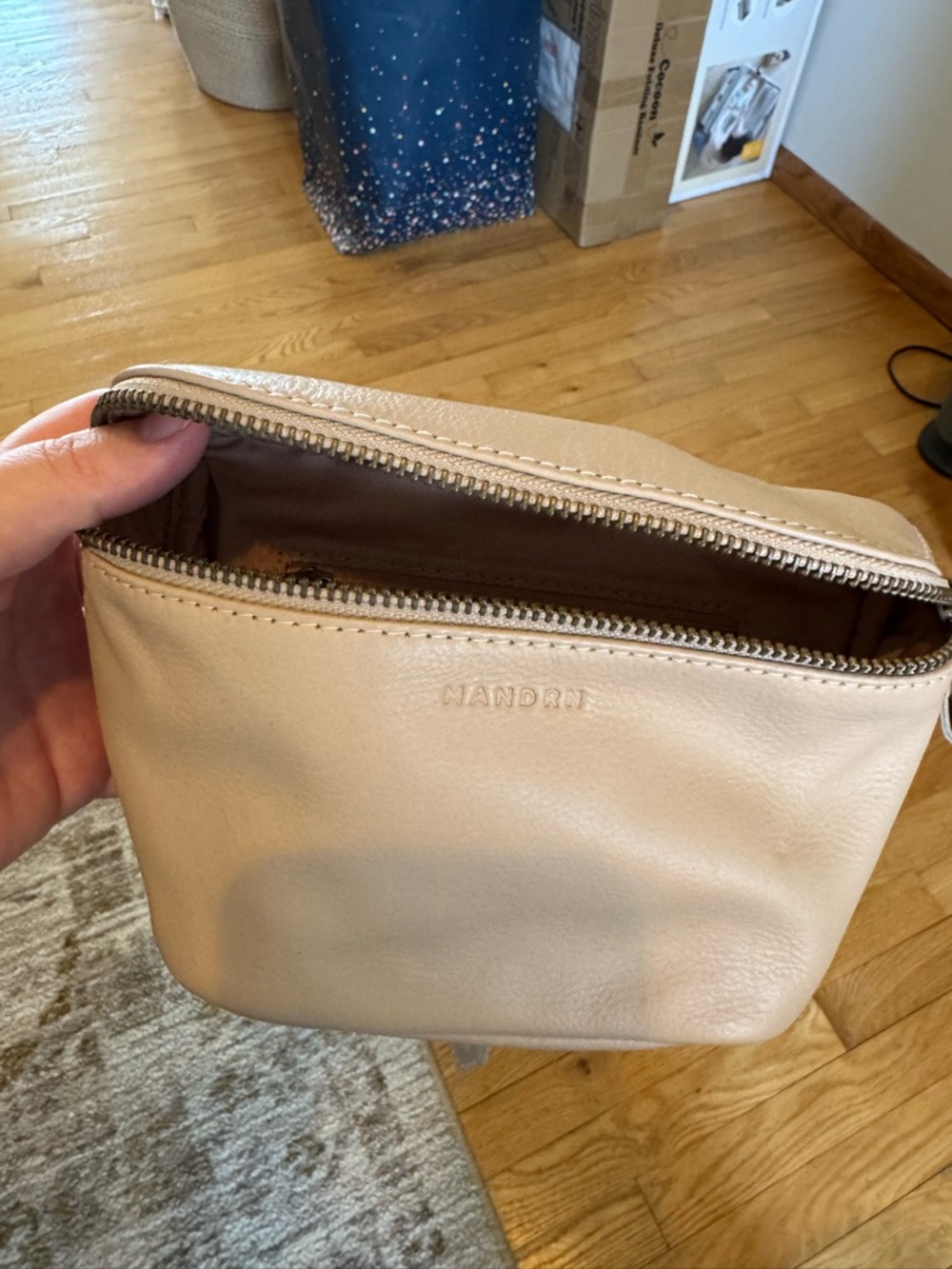 MANDRN Embossed Leather Zip Pouch - Light Beige